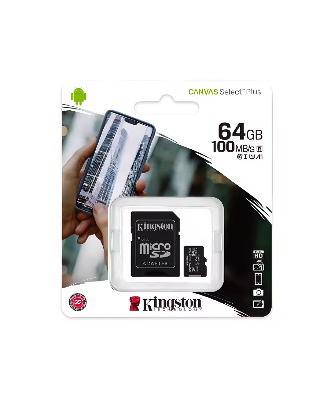 Adaptador Kingston 64GB MicroSD con un teléfono mostrando una ciudad.