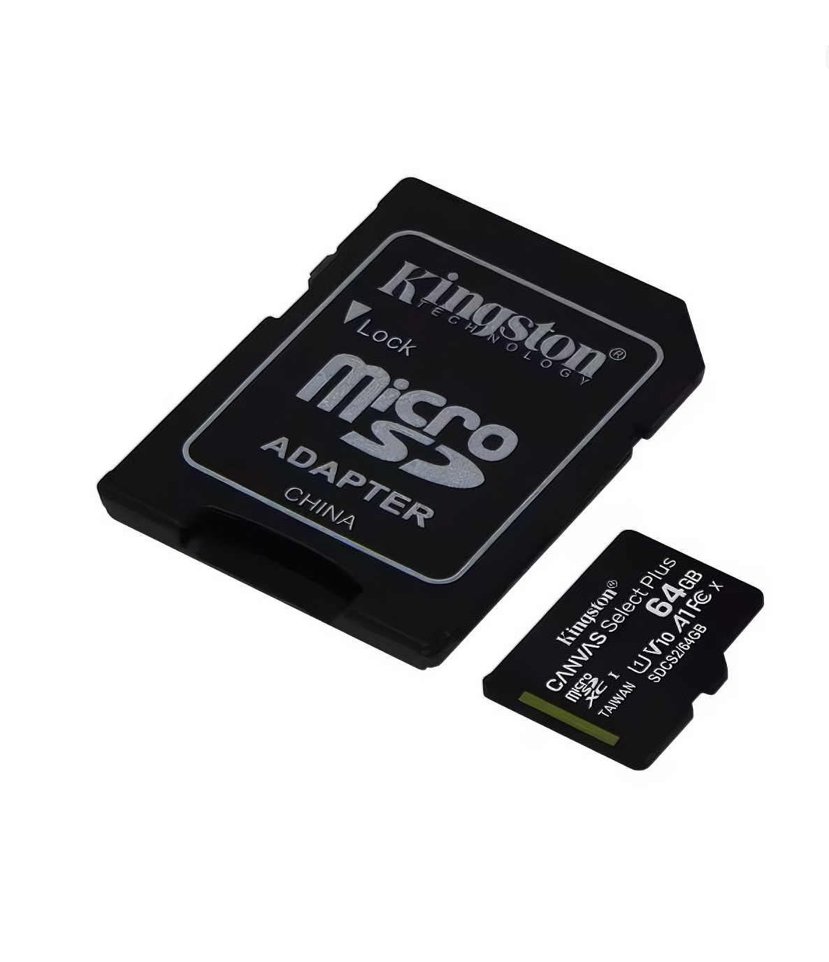 Un adaptador MicroSD negro y una tarjeta de memoria Kingston de 64 GB sobre fondo blanco.
