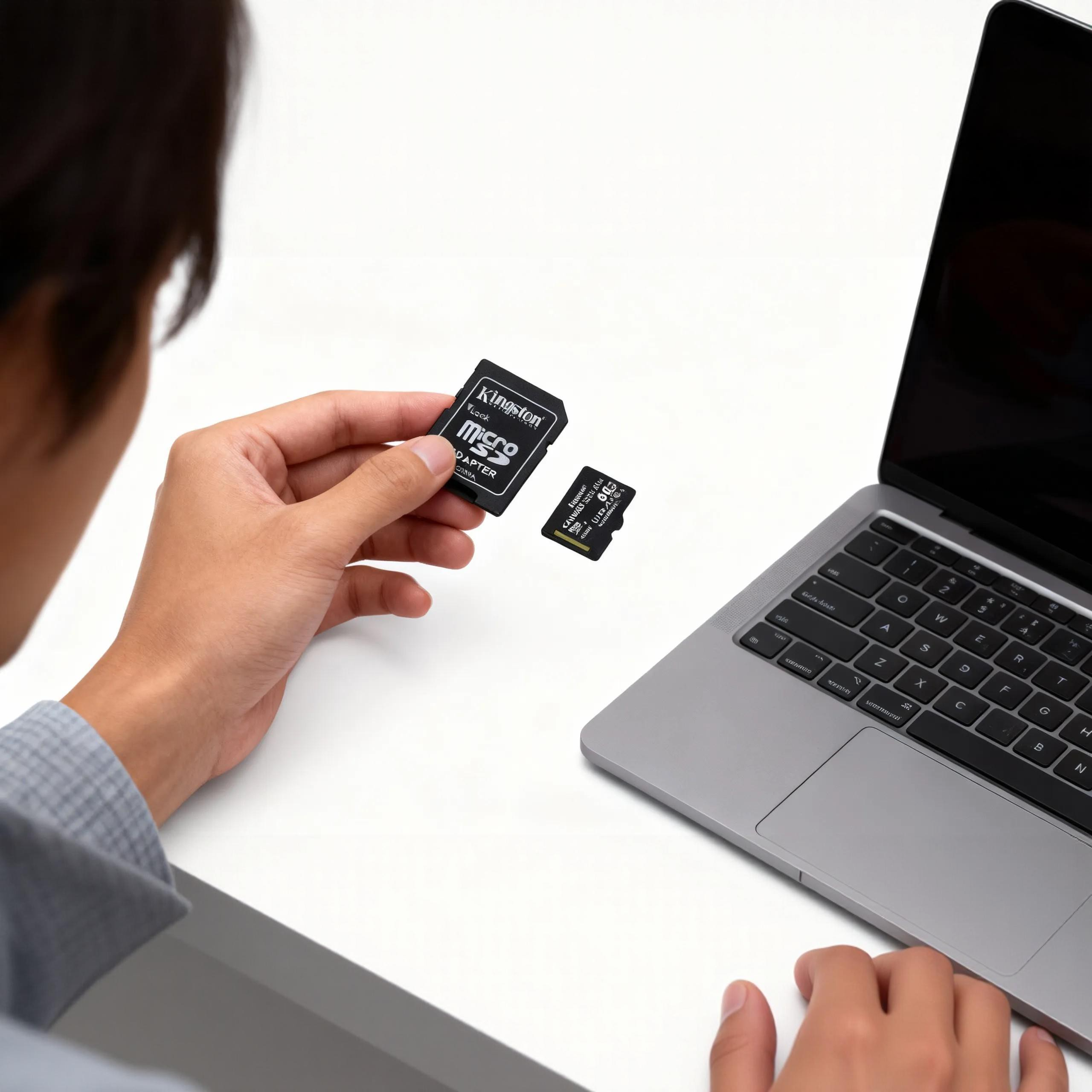 Persona sosteniendo tarjeta Kingston Micro SD junto a laptop. Tarjeta SD pequeña cerca.