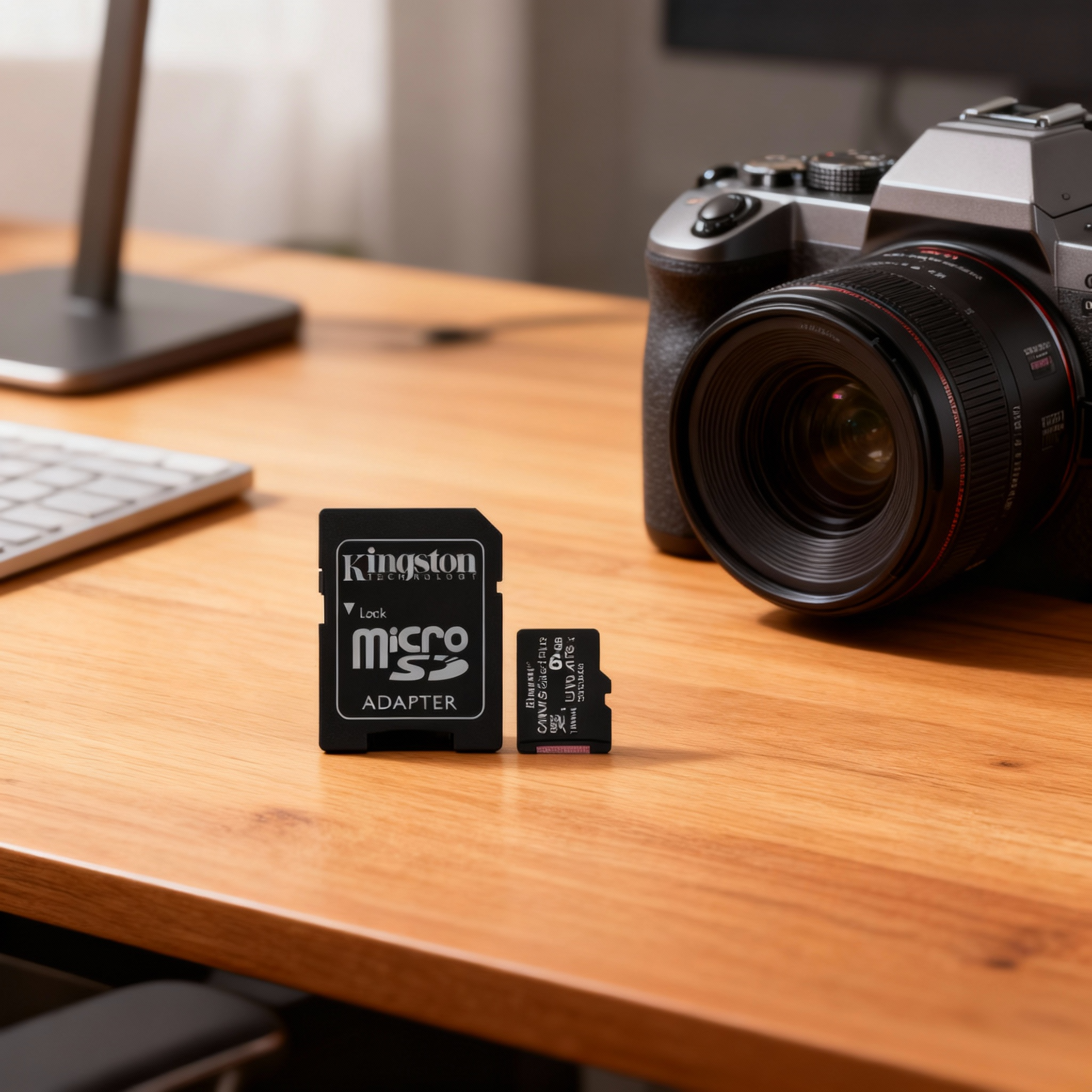 Un adaptador y una tarjeta micro SD junto a una cámara sobre un escritorio de madera.