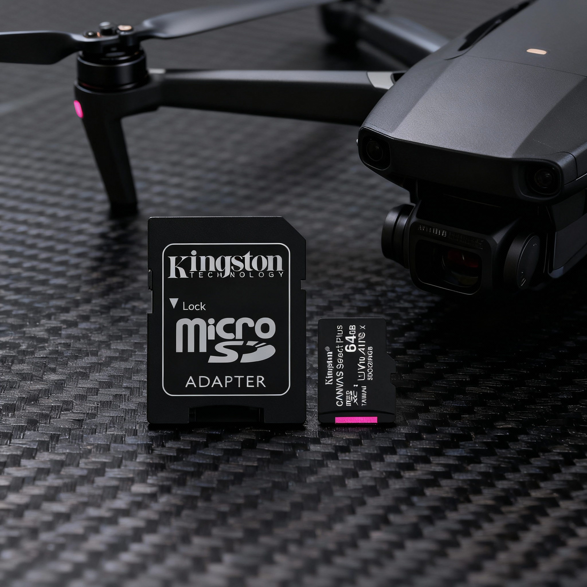 Un dron yace junto a un adaptador de tarjeta micro SD y una tarjeta SD de 64 GB.