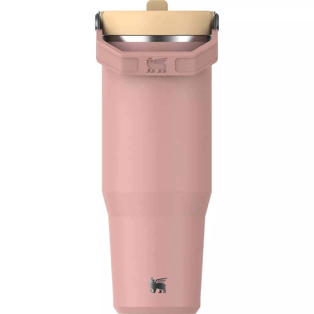 Bej rengi kapaklı ve gümüş logolu pembe termos.