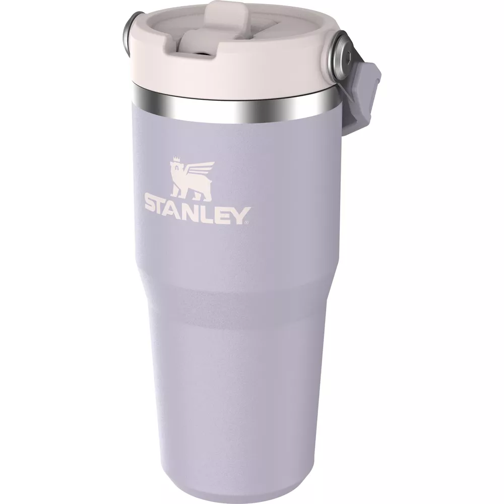 Gümüş aksanlı beyaz kapaklı açık mor Stanley bardağı.