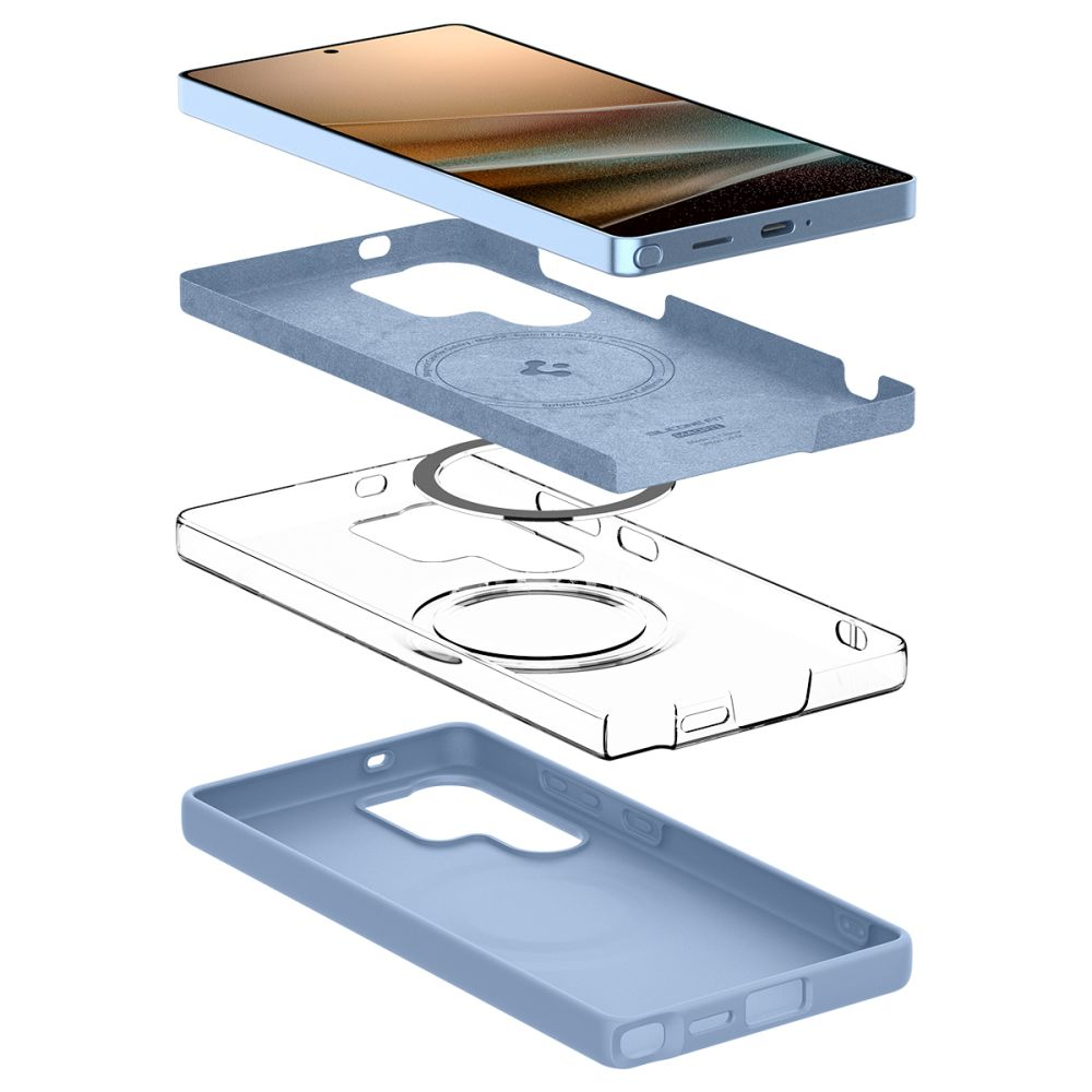 Vista explosionada de un teléfono con funda azul y protector de pantalla.