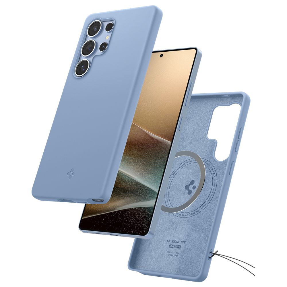 Funda de teléfono azul y un smartphone sobre fondo blanco.