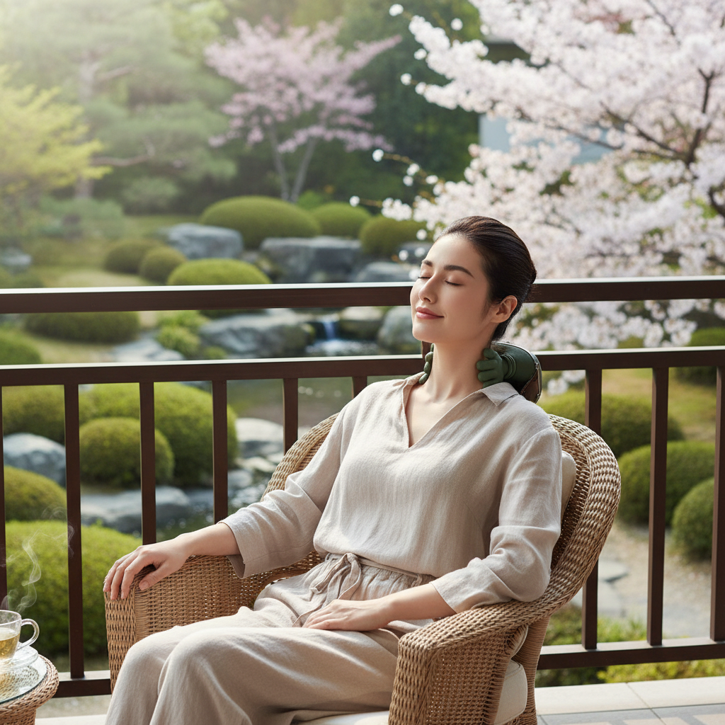 Mujer con ropa de lino disfruta masaje cervical en balcón con vista a jardín japonés.