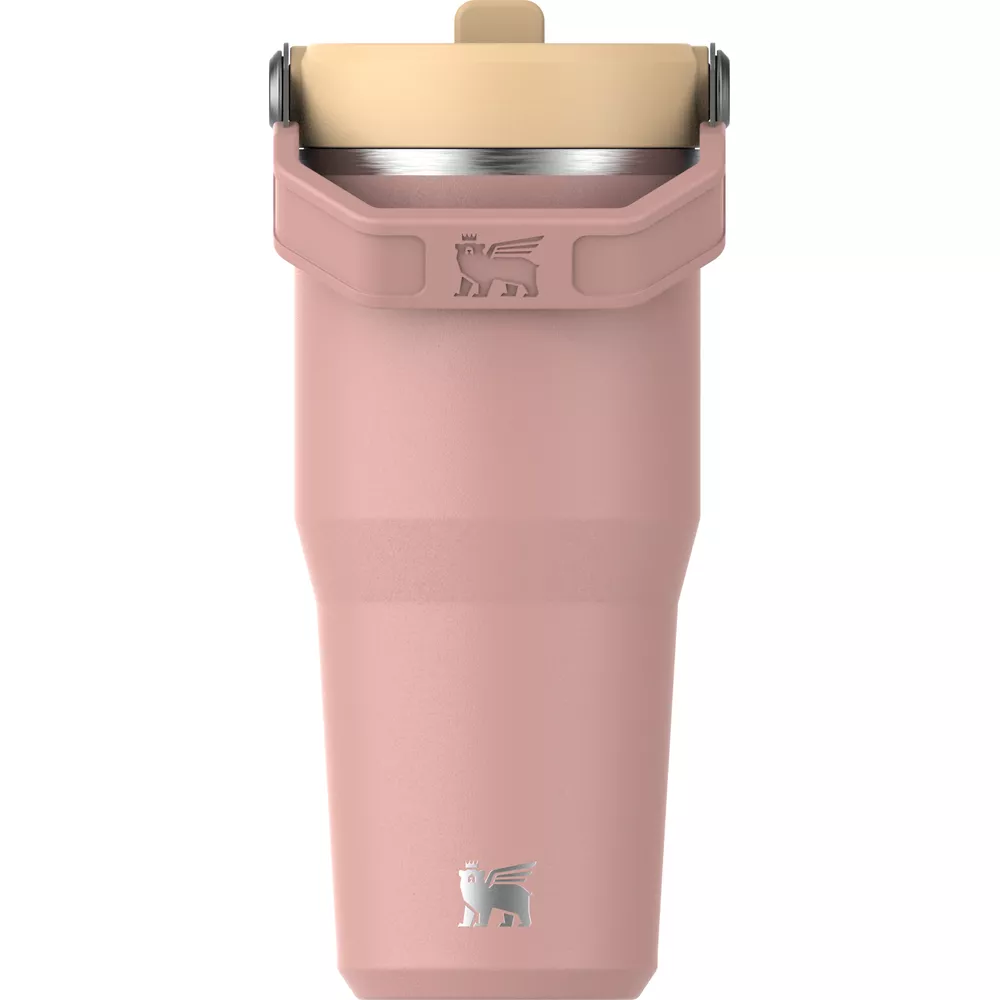 Bej rengi kapaklı ve kulplu pembe termos.