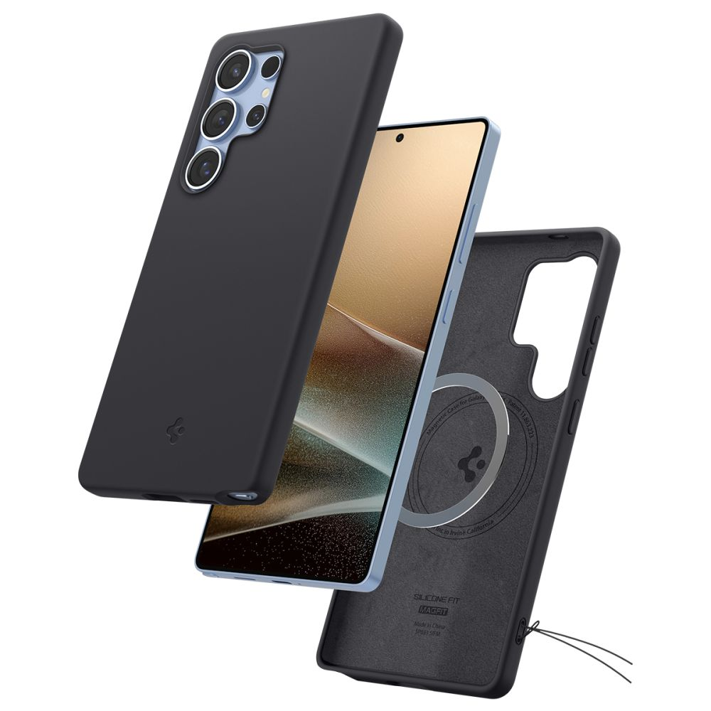 Custodia nera per telefono con anello magnetico, accanto uno smartphone. Vista interna.