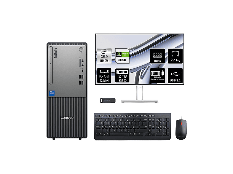 LENOVO ThinkCentre Neo 50T RTX3050 6GB 27" 12UAS1CF00P1083 PER4 Bellek Intel Core i5-14400 16 GB RAM 2 TB SSD FreeDOS Masaüstü Bilgisayar