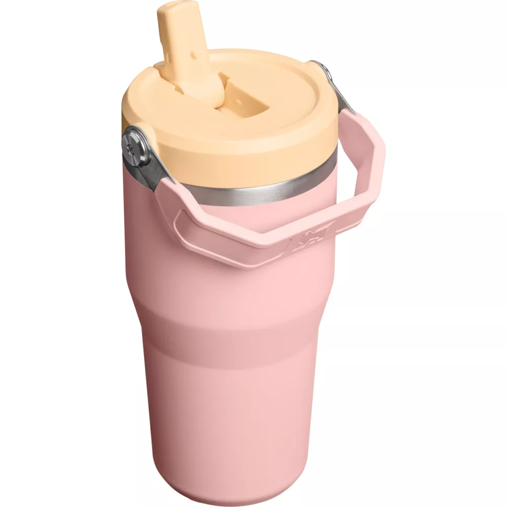 Açık renkli kapaklı ve pipetli pembe bardak. Pembe sapı var.