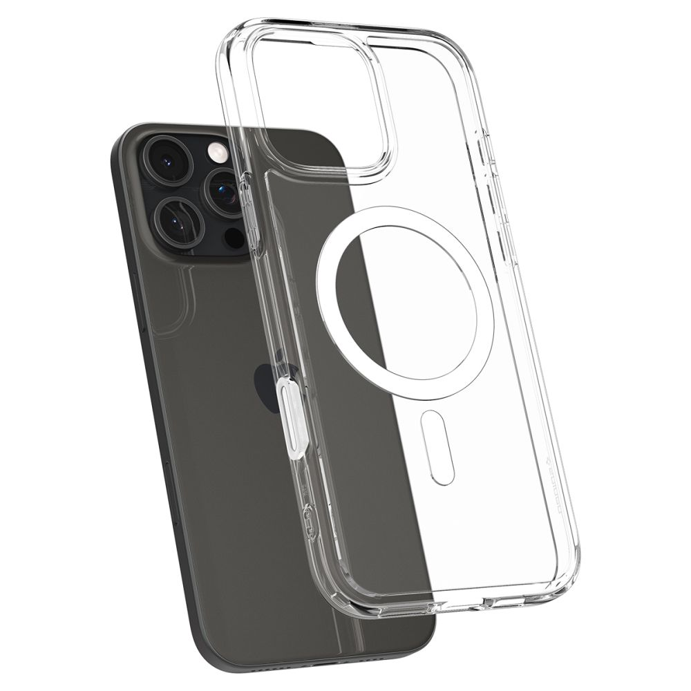 Custodia trasparente accanto a uno smartphone scuro con lenti.