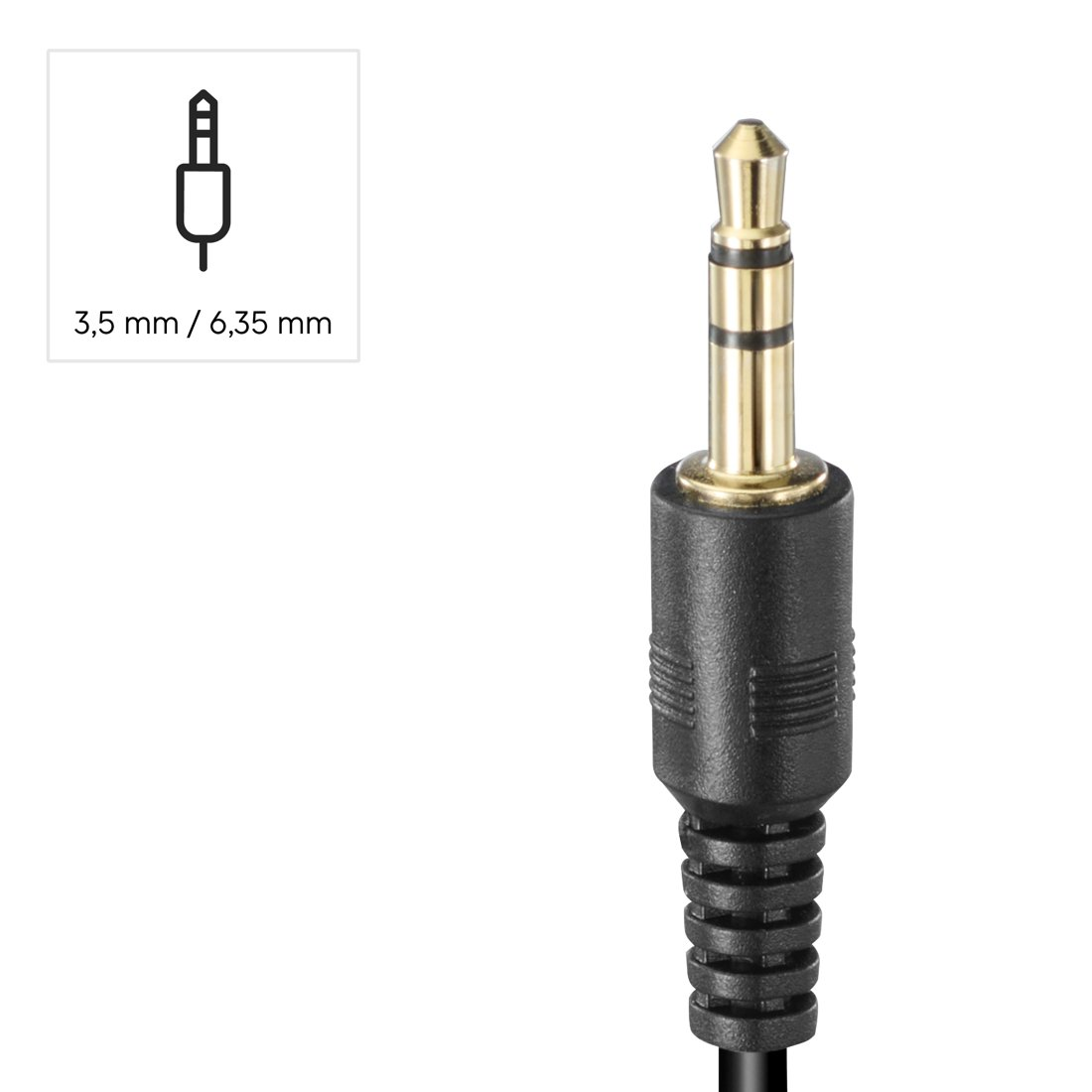 Ein goldener Klinkenstecker mit schwarzem Griff und Kabel.