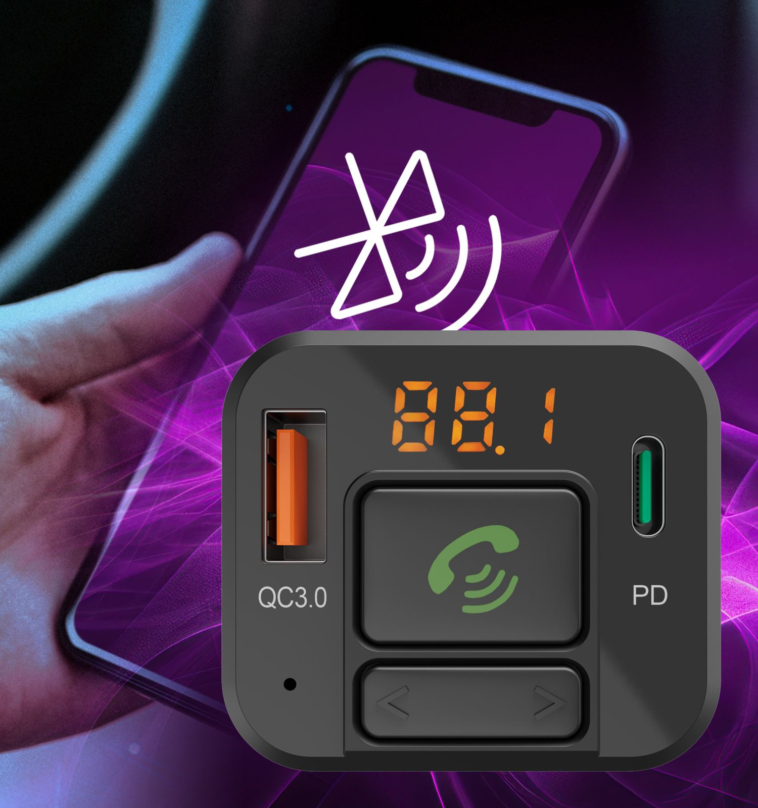 Un trasmettitore FM nero con porte QC3.0 e PD, che mostra 88.1.