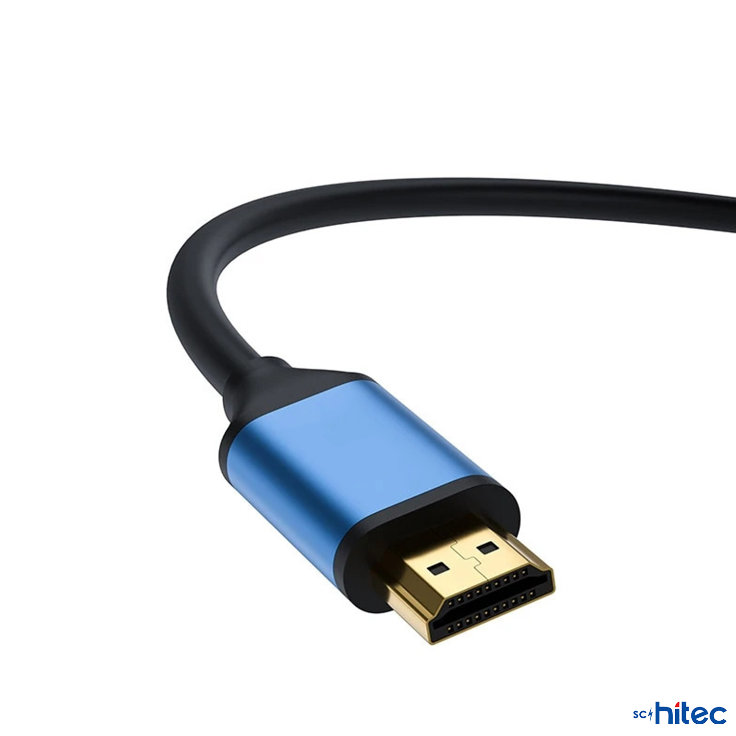 Mavi konektör yuvalı ve altın pimli siyah HDMI kablosu.