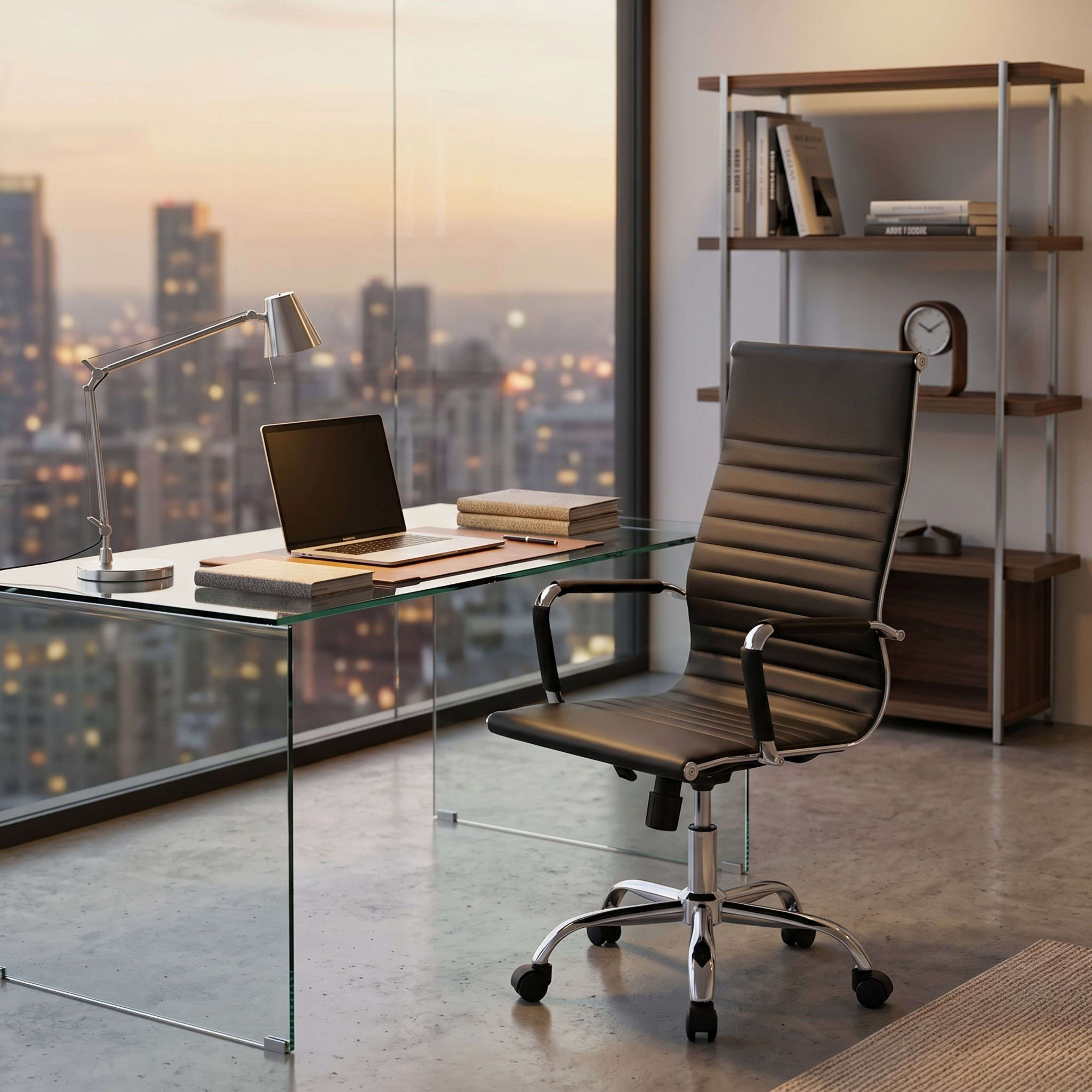 Oficina con escritorio de cristal, sillón de cuero y vista a la ciudad al atardecer.