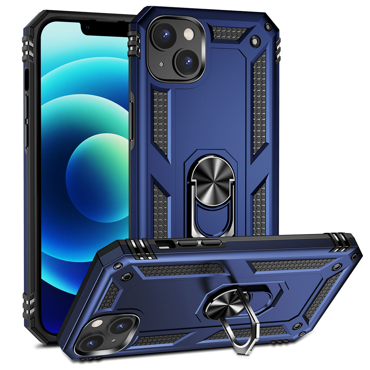 Halka tutuculu ve kamera kesimli lacivert telefon kılıfı.