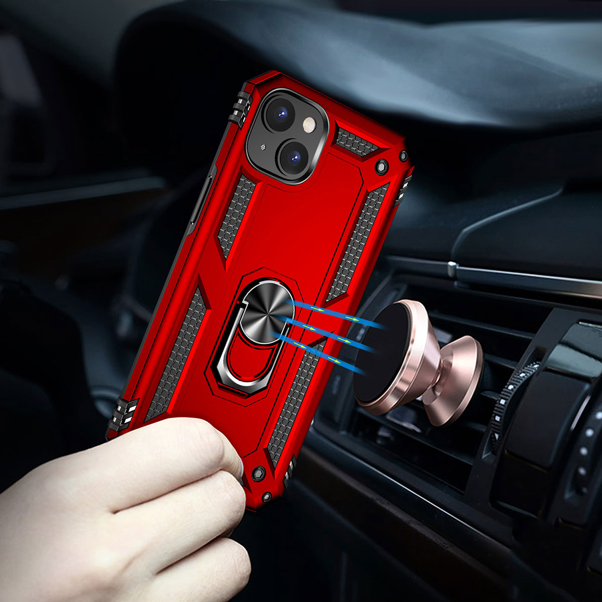 Araç havalandırma mıknatıslı montajına takılmış halka tutuculu kırmızı telefon kılıfı.