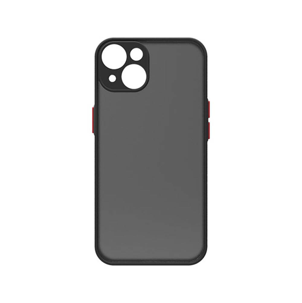 Üç kameralı, kırmızı detaylı koyu gri telefon kılıfı.