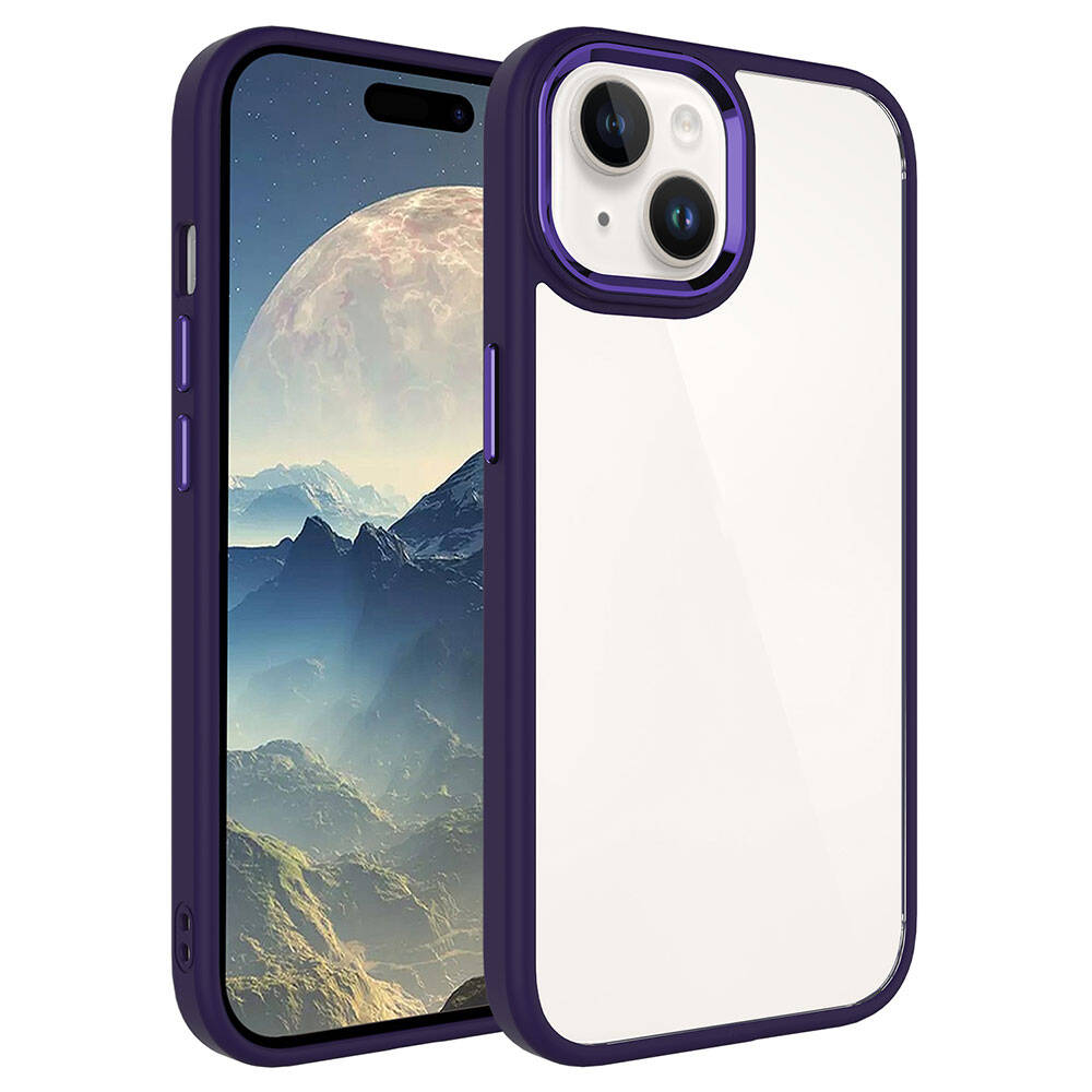 Dağ ve ay duvar kağıtlı iPhone gösteren mor telefon kılıfı, şeffaf arka yüzeyli.
