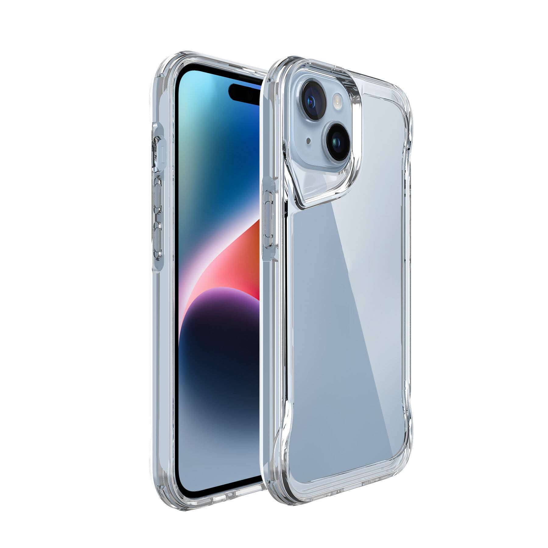 Mavi, pembe ve mor tonları gösteren bir iPhone'lu şeffaf telefon kılıfı.
