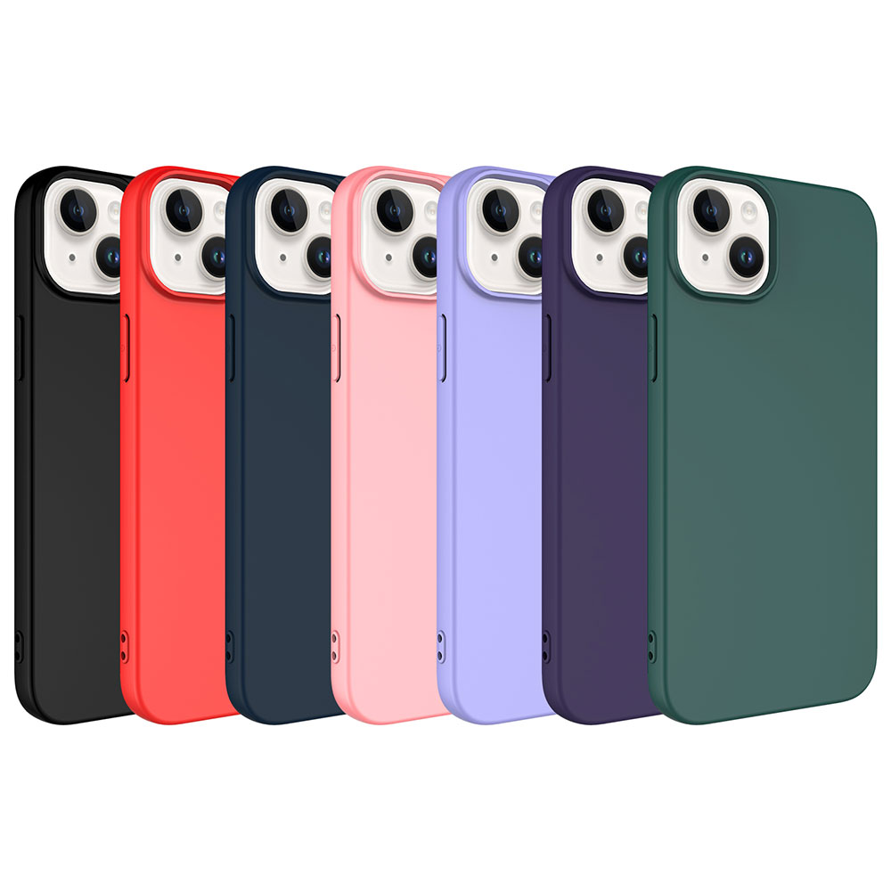 Yan yana yedi telefon kılıfı: siyah, kırmızı, lacivert, pembe, lavanta, mor ve yeşil.