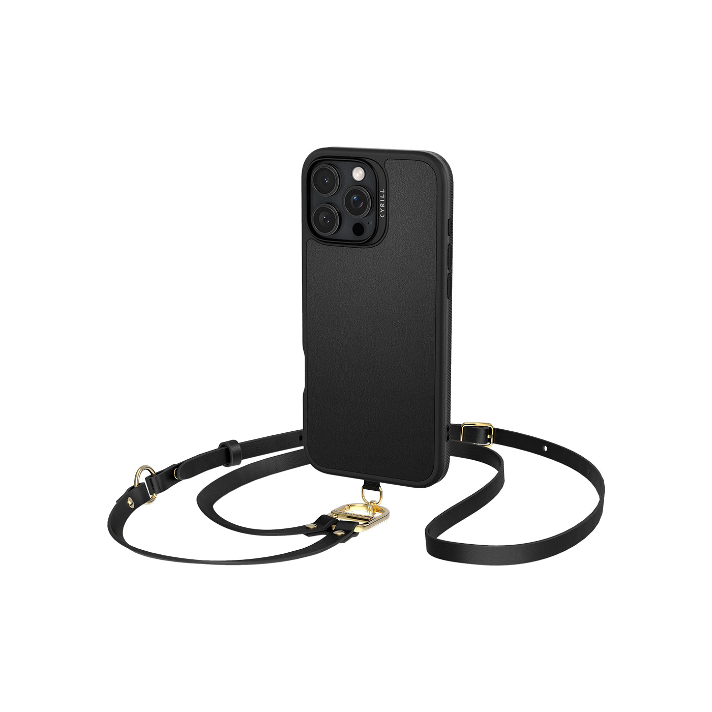 Custodia nera per telefono con cinturino e hardware dorato, su sfondo bianco.