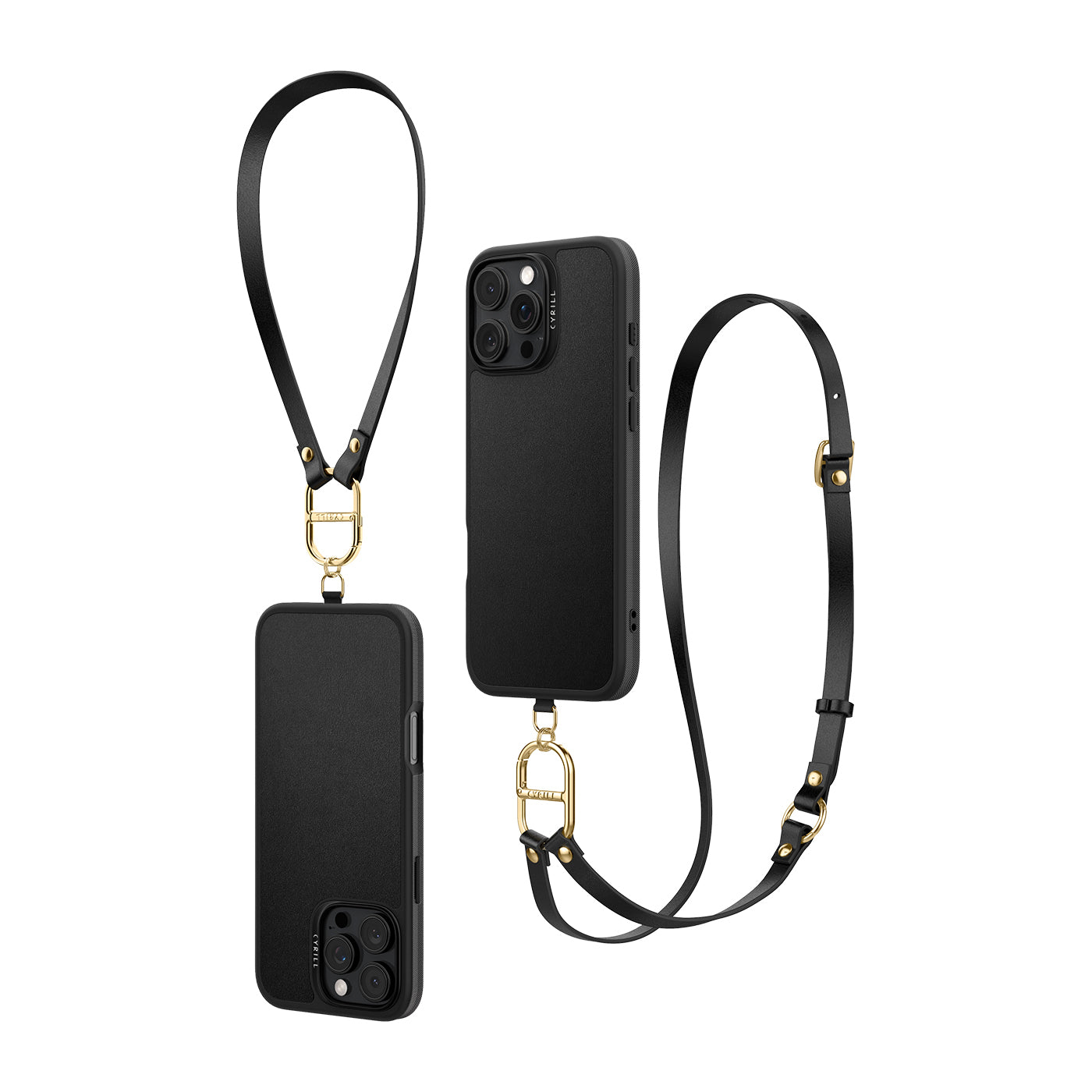 Due custodie nere per telefono con cinturini in pelle e hardware dorato su sfondo bianco.