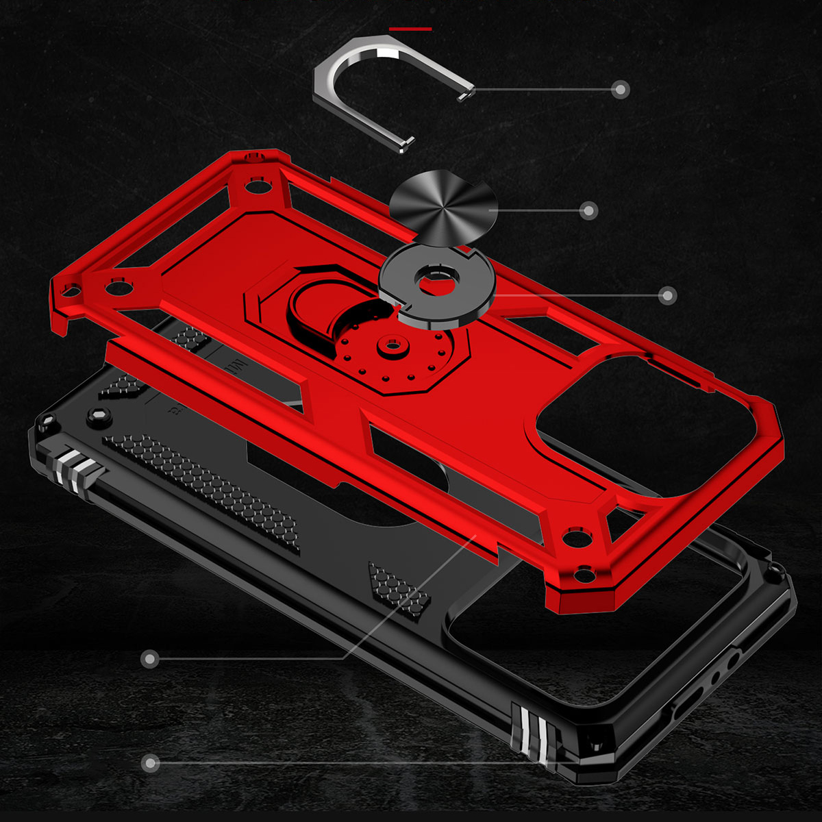 Metal halkalı ve tutuculu kırmızı ve siyah telefon kılıfının patlatılmış görünümü.