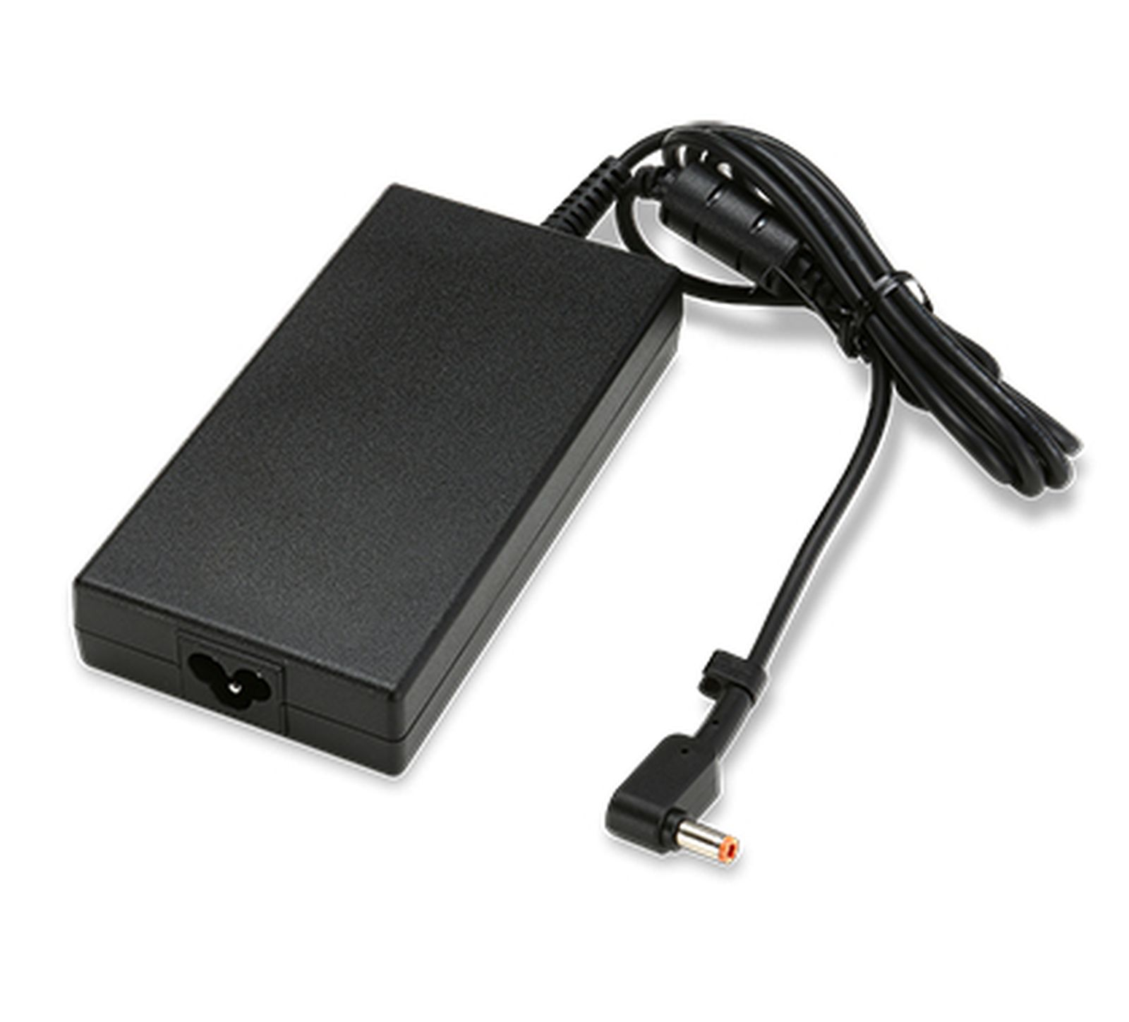 Schwarzer Laptop-Netzteil mit schwarzem Spiralkabel und gewinkeltem Stecker.