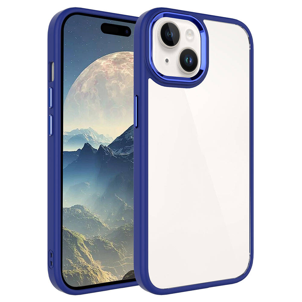 Şeffaf arka yüzlü mavi kenarlı iPhone kılıfı.