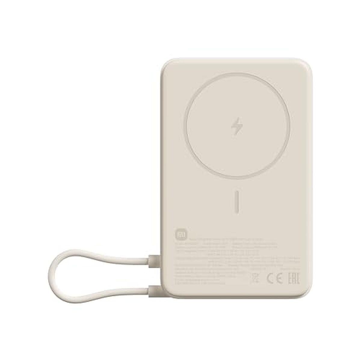 Un power bank magnetico beige con simbolo di fulmine e cavo bianco.