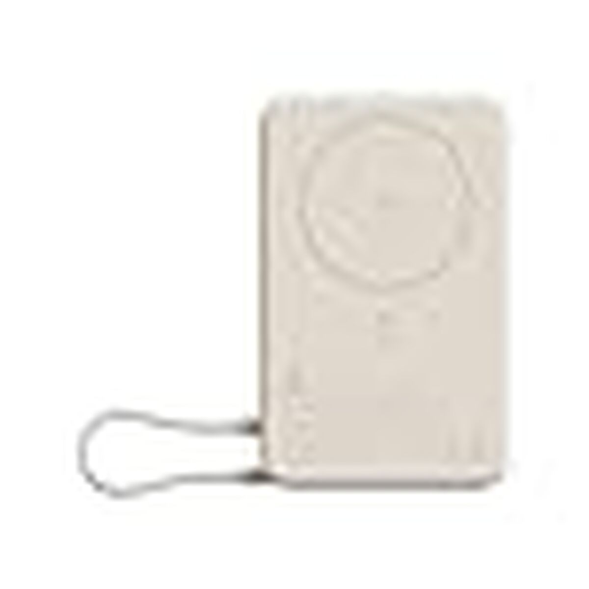 Un lettore MP3 beige con rotella di clic e un anello.
