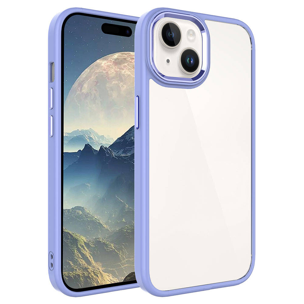 Telefon ekranında dağ ve ay duvar kağıdı bulunan mor ve şeffaf telefon kılıfı.