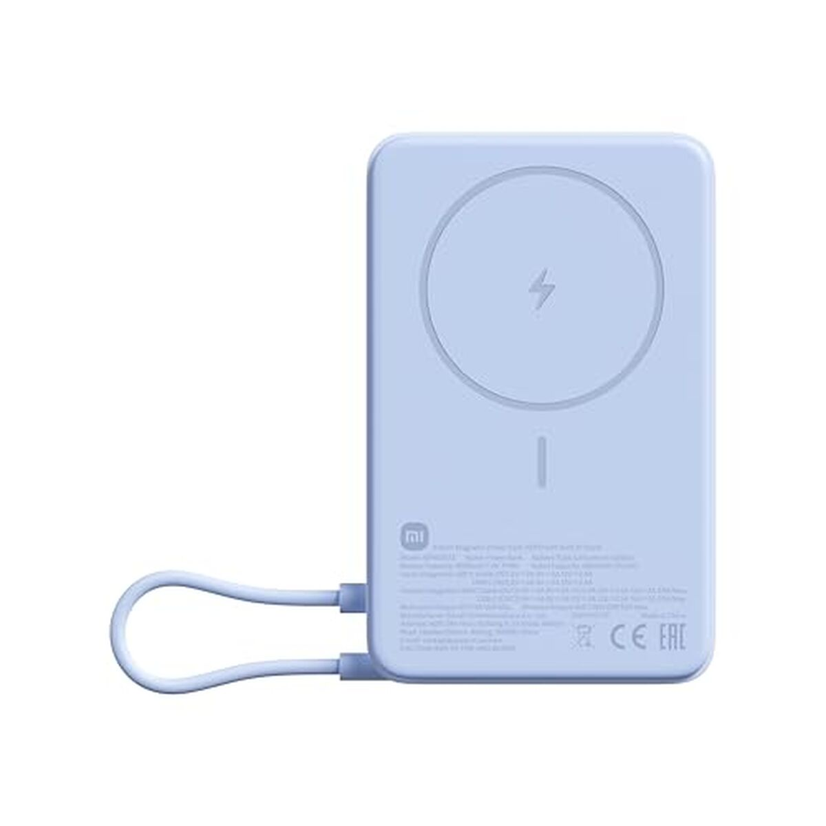 Una batería externa magnética Xiaomi azul claro con símbolo de rayo.