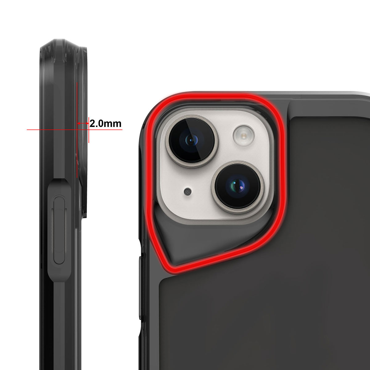 Kırmızı kamera çerçeveli siyah telefon kılıfı. 2,0 mm kalınlık.