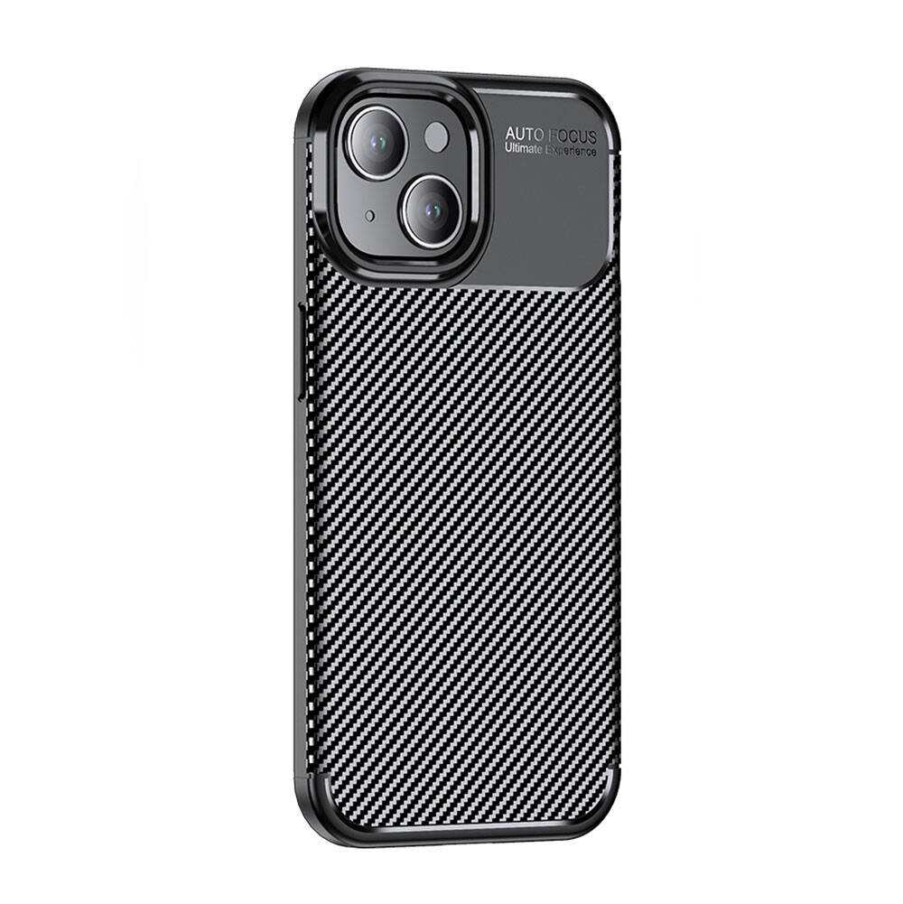 Karbon fiber dokulu siyah telefon kılıfı. Üstte kamera çıkıntısı.
