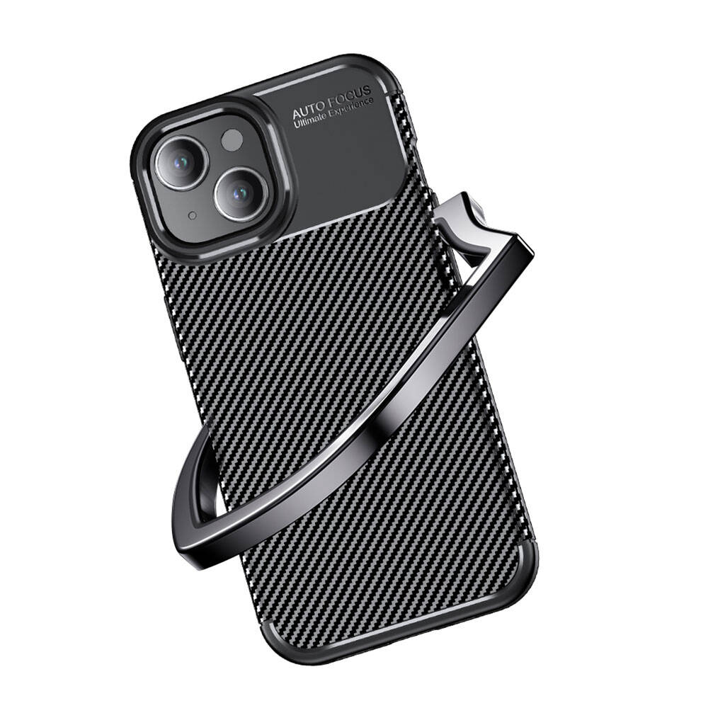 Halka tutuculu siyah karbon fiber desenli telefon kılıfı.