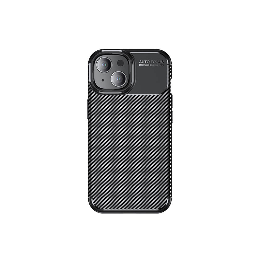 Karbon fiber desenli ve kamera kesimli siyah telefon kılıfı.