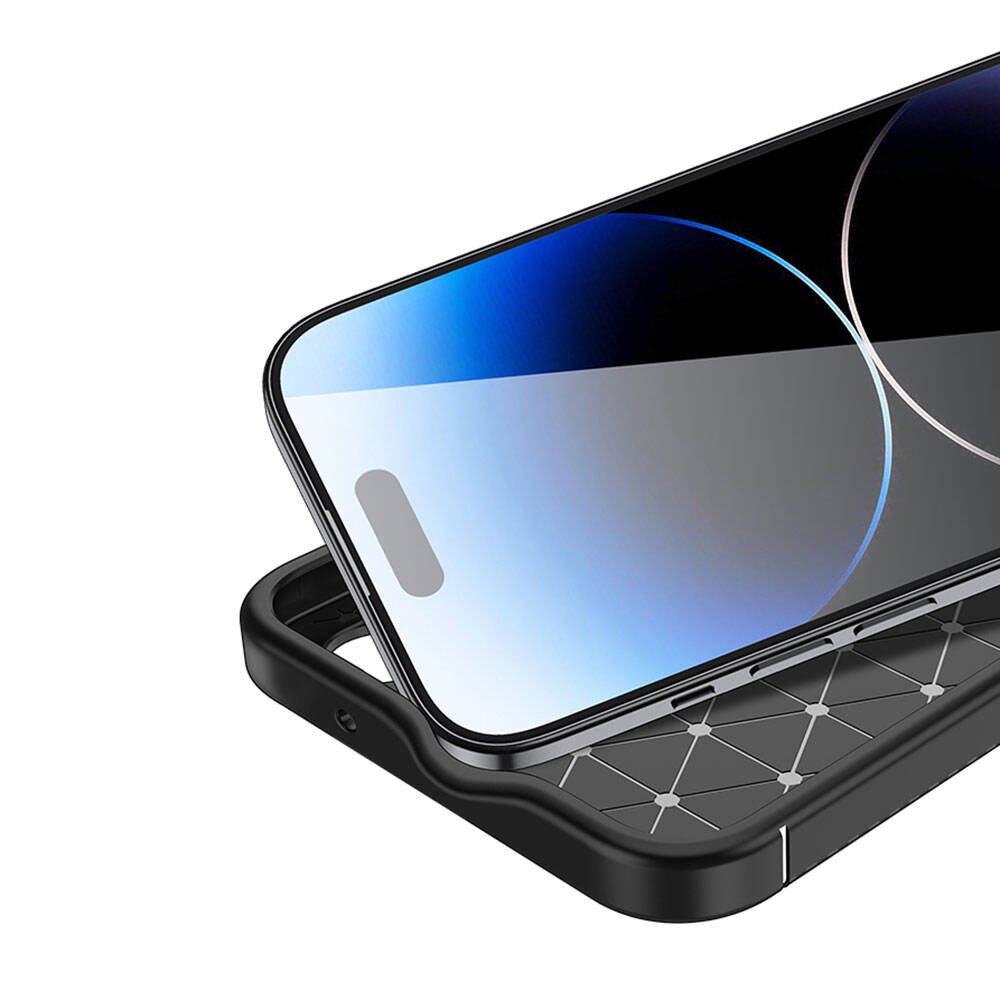Modern tasarımlı siyah bir akıllı telefon koruyucu kılıfın üzerinde duruyor.