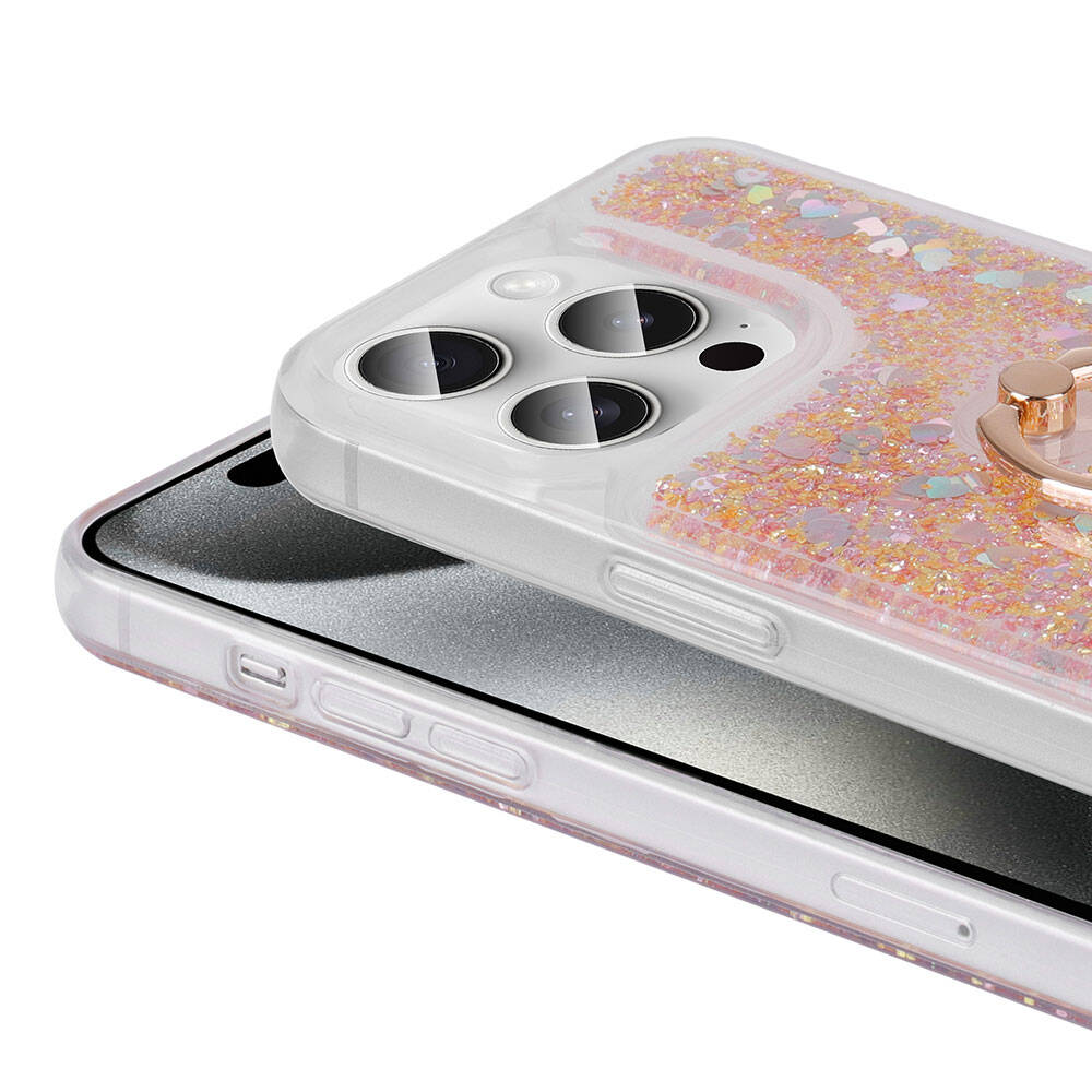 Şeffaf telefon kılıfı, pembe sim, kalpler ve gülozu yüzükli telefon üzerinde.