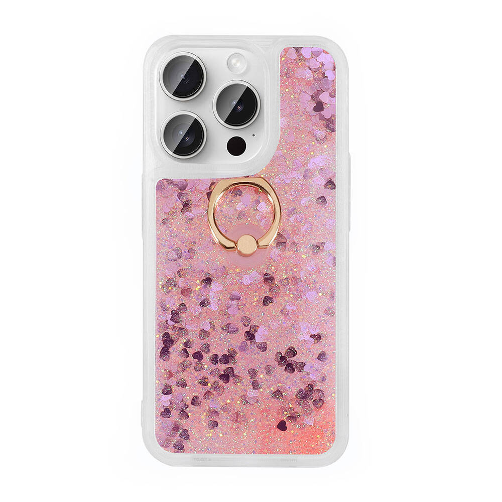 Altın halka tutuculu, pembe sim ve kalpler içeren şeffaf telefon kılıfı.
