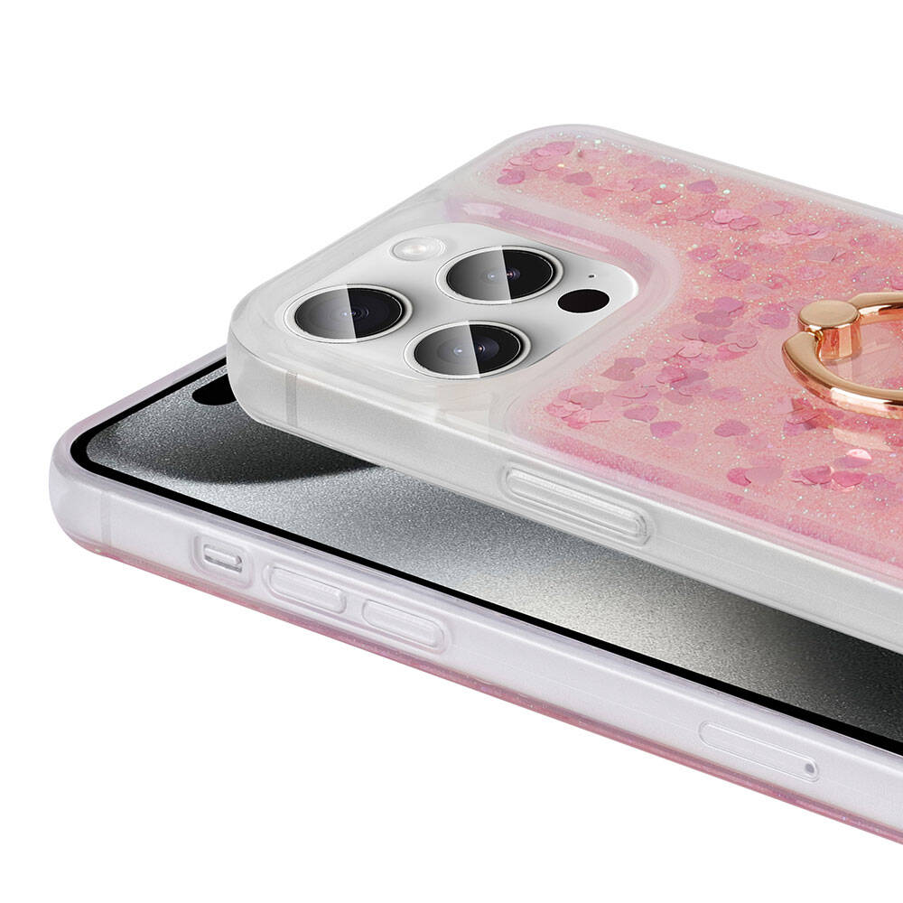 Pembe kalpli, altın yüzüklü şeffaf telefon kılıfı, telefonun kamerasını gösteriyor.