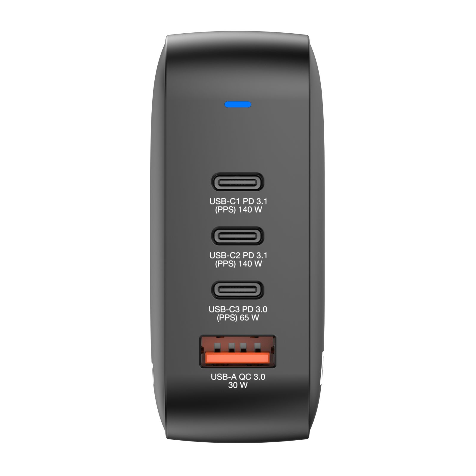 Schwarzes Netzteil mit 3 USB-C und 1 USB-A Port, blaue LED.