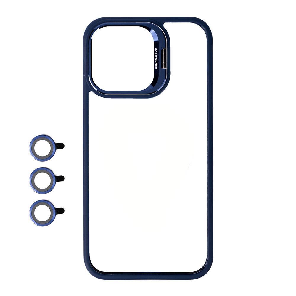 Yanında üç yuvarlak kamera lens kapağı bulunan lacivert telefon çerçevesi.