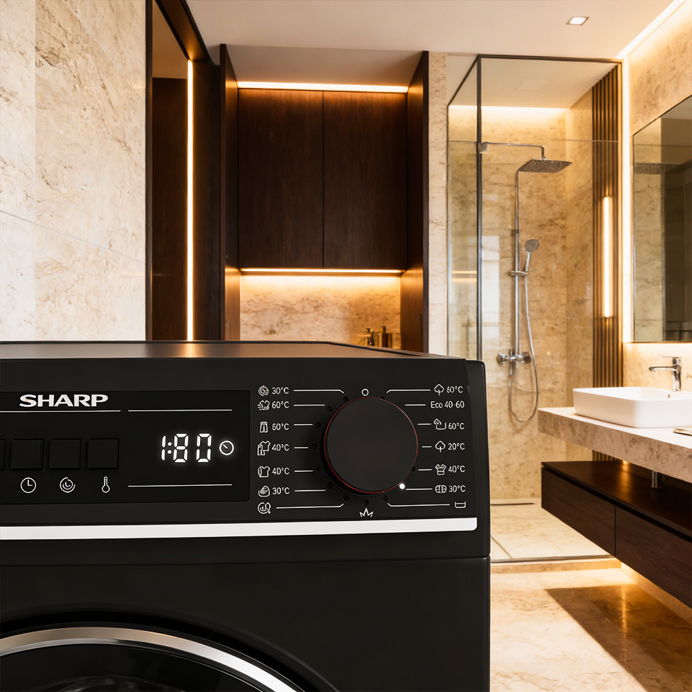 Black Sharp washing machine control panel in a modern bathroom.