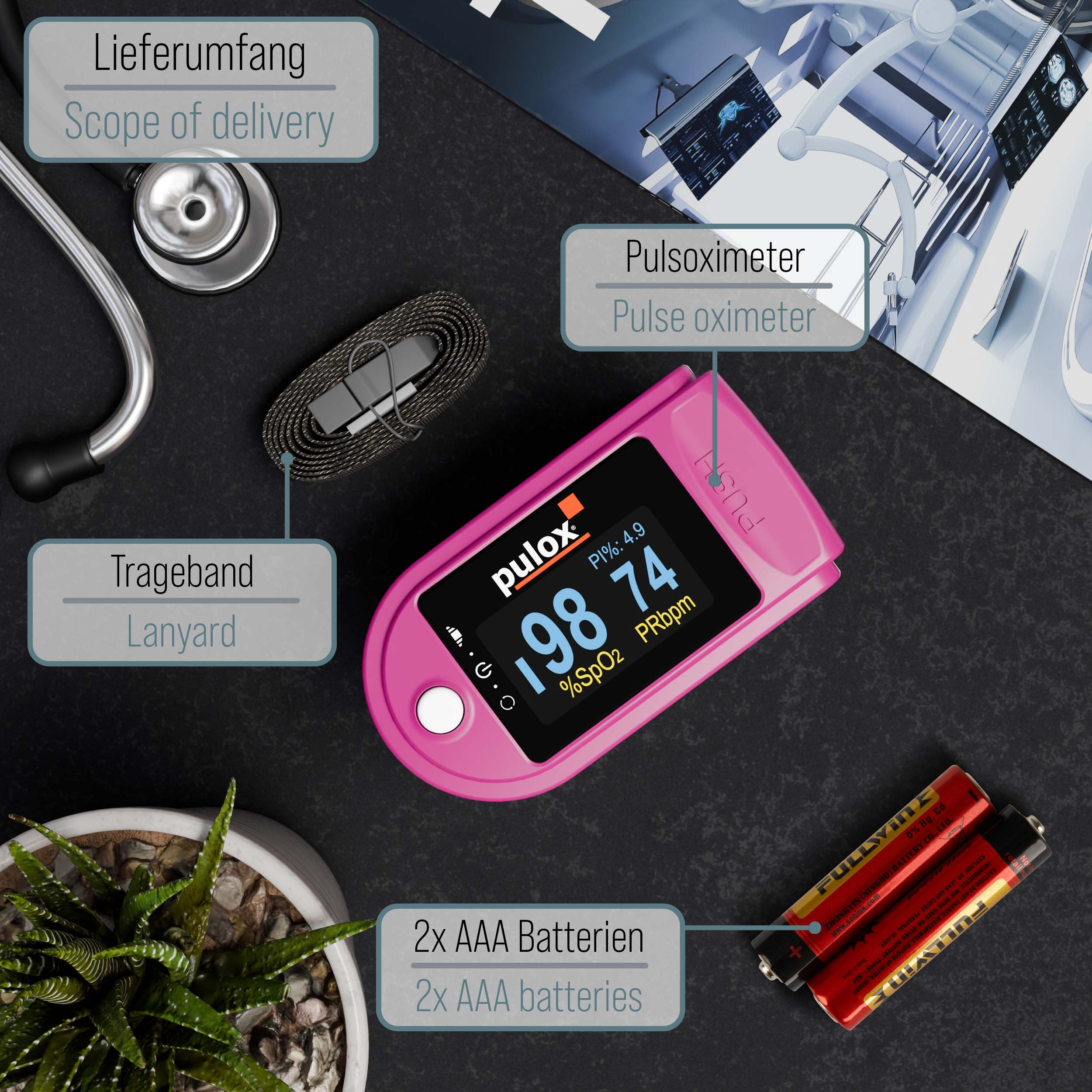 Ein pinker Pulsoximeter mit Anzeigen, Stethoskop, Lanyard und Batterien.