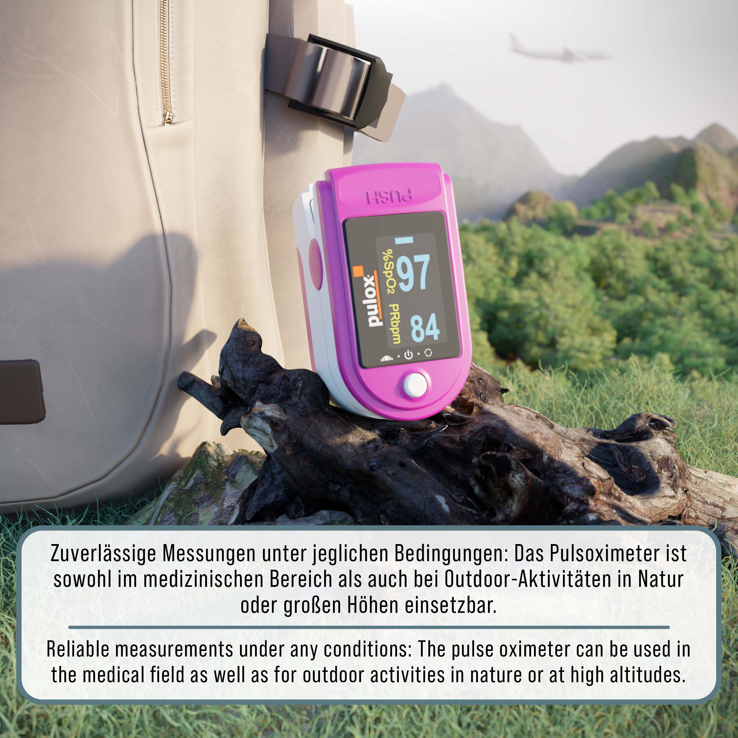 Ein pinkes Pulsoximeter auf einem Baumstamm mit Rucksack & Bergen im Hintergrund.