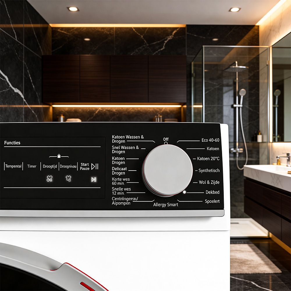 Close-up of a washing machine control panel with a modern bathroom in the background.