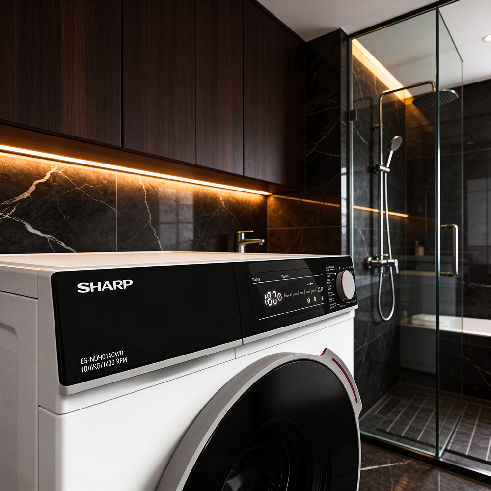A white washing machine with a black front and control panel sits in a modern bathroom.