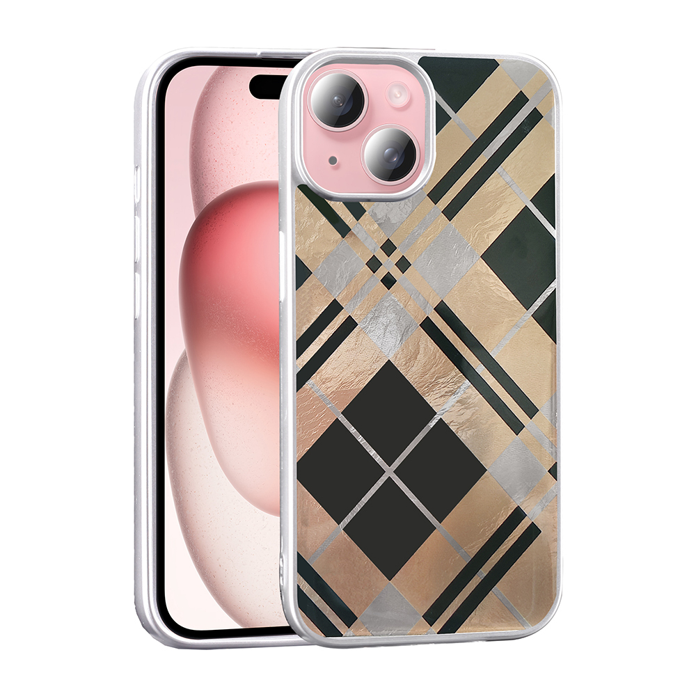 Altın, siyah ve gümüş renkli baklava desenli kılıflı bir telefon.